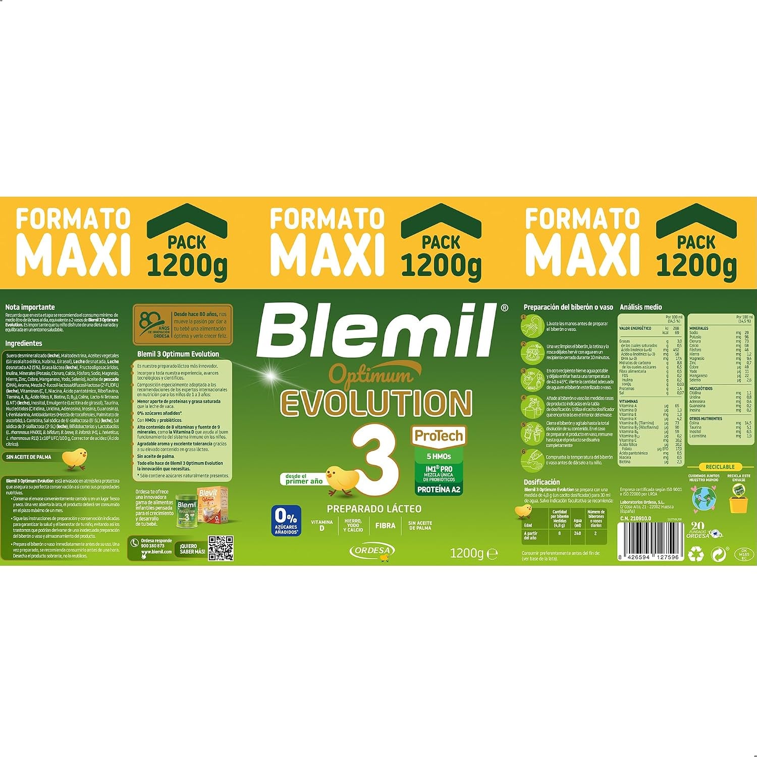 Blemil 3 Optimum Evolution | 1200G | Preparado Lácteo En Polvo Para Niños De 1 a 3 Años - 0% Azúcares Añadidos, Sin Aceite De Palma - Formato Ahorro (Paquete De 2)
