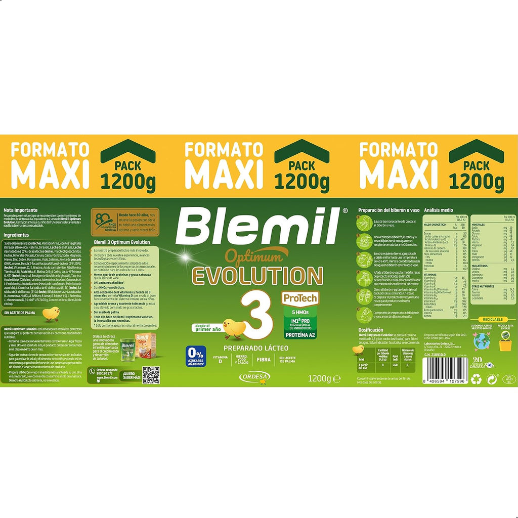 Blemil 3 Optimum Evolution | 1200G | Preparado Lácteo En Polvo Para Niños De 1 a 3 Años - 0% Azúcares Añadidos, Sin Aceite De Palma - Formato Ahorro
