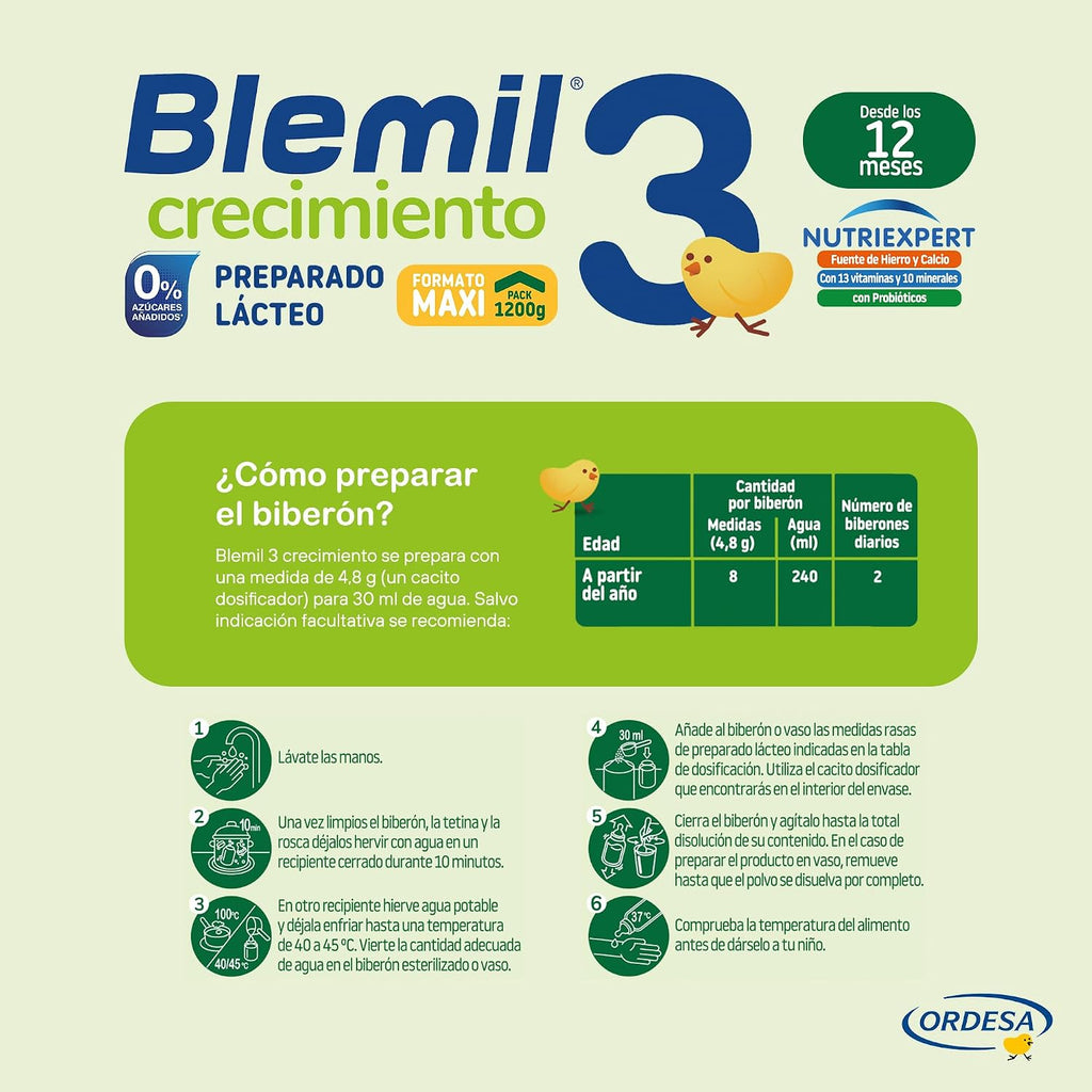Blemil 3 Crecimiento 0% Azúcares Añadidos | 1200G | Preparado Lácteo En Polvo Para Niños De 1 a 3 Años - Formato Ahorro | Preparado En Polvo, Para Niños De 1 a 3 Años, Formato Ahorro