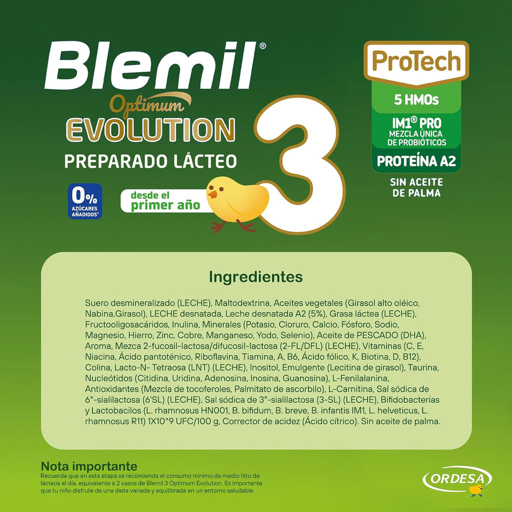 Blemil 3 Optimum Evolution | 800G | Preparado Lácteo En Polvo Para Niños De 1 a 3 Años - 0% Azúcares Añadidos, Sin Aceite De Palma