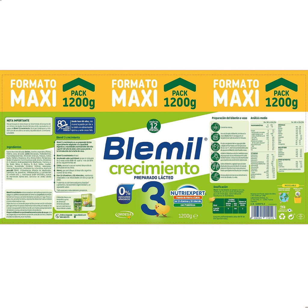 Blemil 3 Crecimiento 0% Azúcares Añadidos | 1200G | Preparado Lácteo En Polvo Para Niños De 1 a 3 Años - Formato Ahorro | Preparado En Polvo, Para Niños De 1 a 3 Años, Formato Ahorro