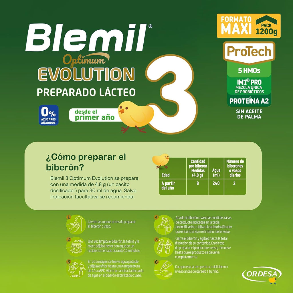 Blemil 3 Optimum Evolution | 1200G | Preparado Lácteo En Polvo Para Niños De 1 a 3 Años - 0% Azúcares Añadidos, Sin Aceite De Palma - Formato Ahorro