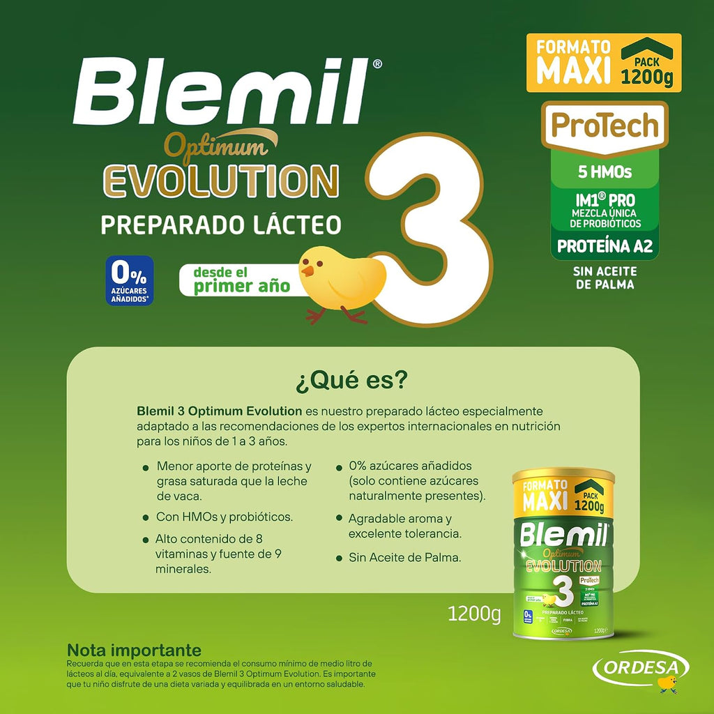 Blemil 3 Optimum Evolution | 1200G | Preparado Lácteo En Polvo Para Niños De 1 a 3 Años - 0% Azúcares Añadidos, Sin Aceite De Palma - Formato Ahorro (Paquete De 2)