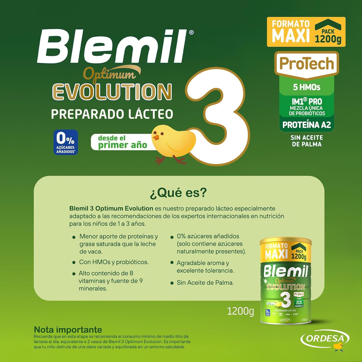 Blemil 3 Optimum Evolution | 1200G | Preparado Lácteo En Polvo Para Niños De 1 a 3 Años - 0% Azúcares Añadidos, Sin Aceite De Palma - Formato Ahorro (Paquete De 2)