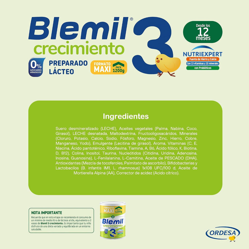 Blemil 3 Crecimiento 0% Azúcares Añadidos | 1200G | Preparado Lácteo En Polvo Para Niños De 1 a 3 Años - Formato Ahorro | Preparado En Polvo, Para Niños De 1 a 3 Años, Formato Ahorro