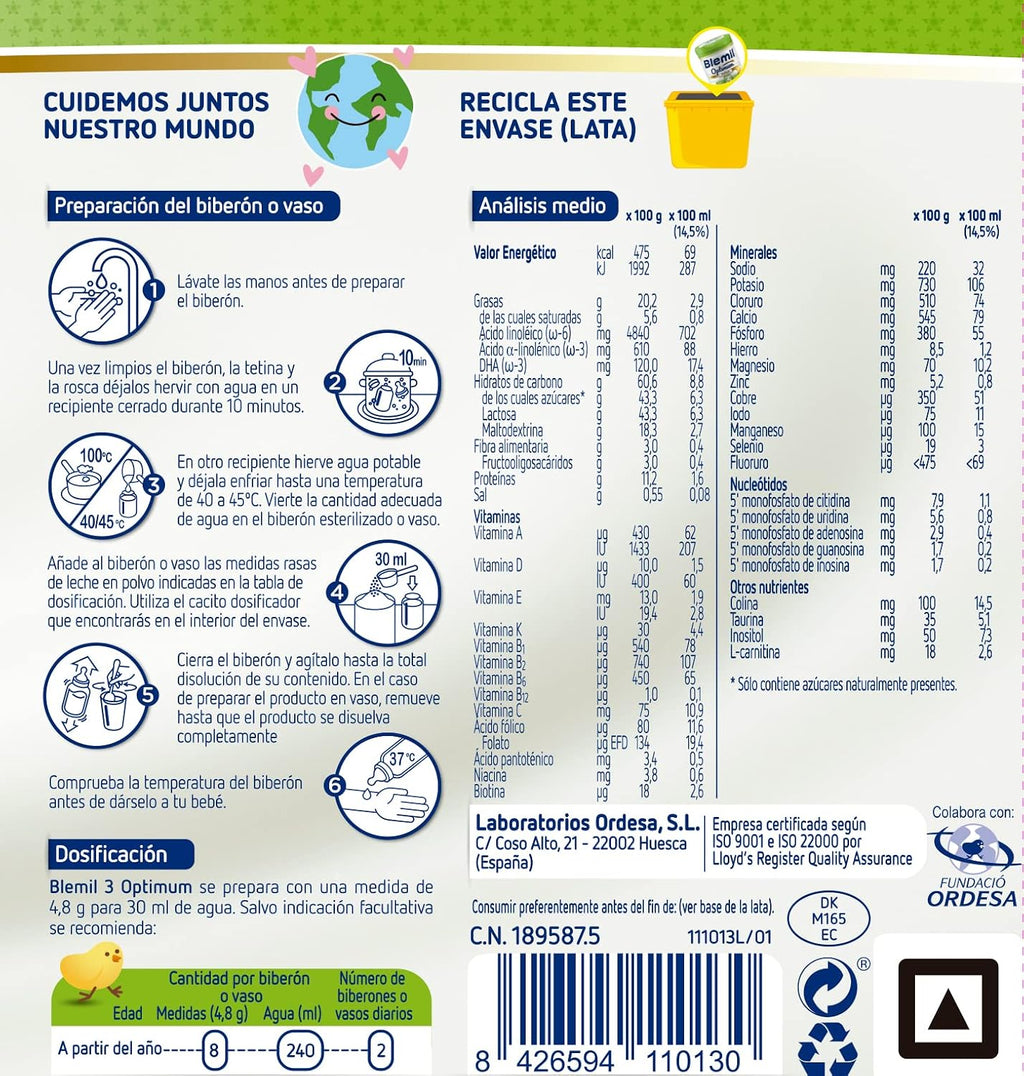 Blemil 3 Optimum Protech 0% Azúcares Añadidos - Preparado Lácteo En Polvo, Desde Los 12 Meses, 800 G