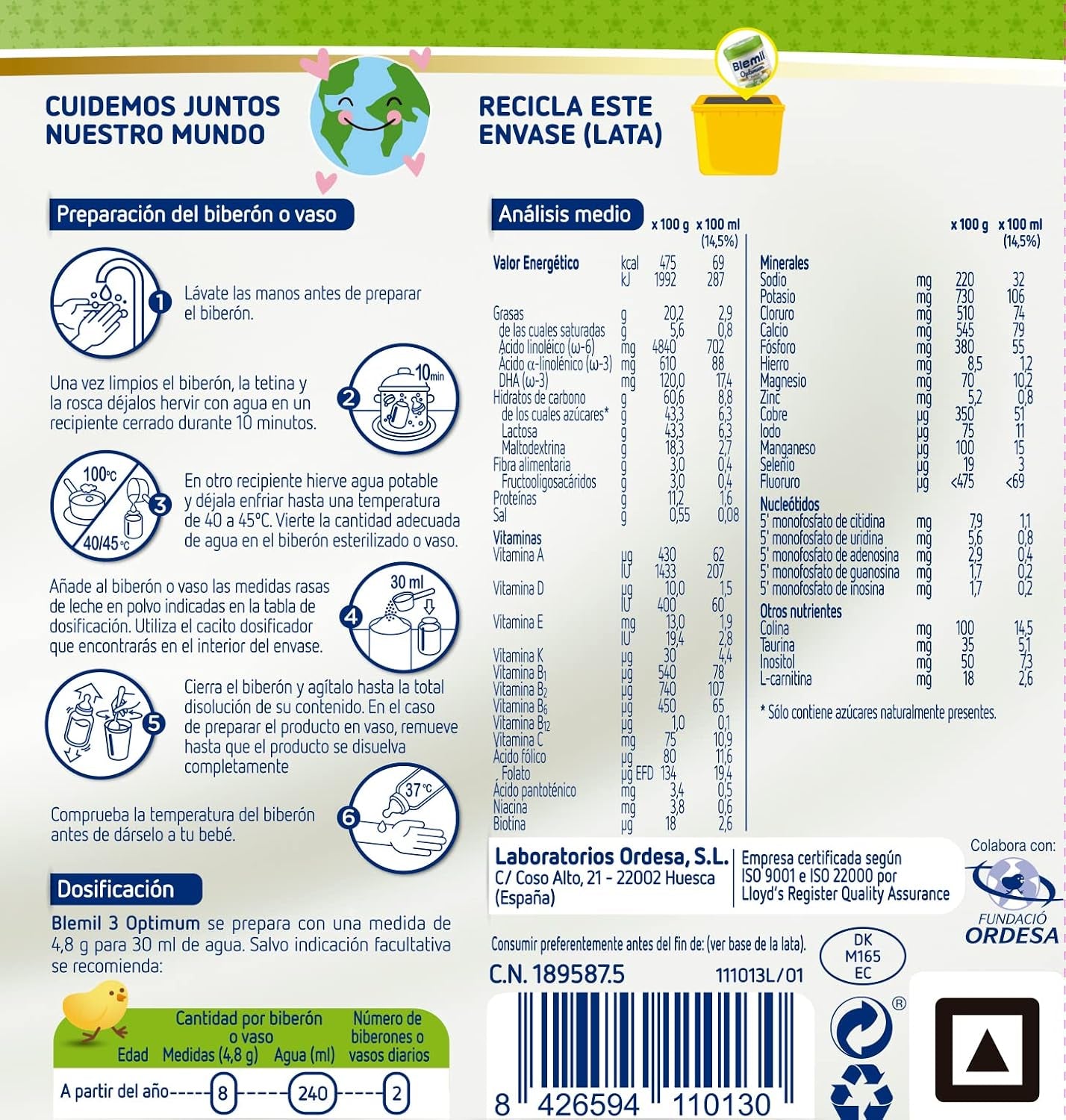 Blemil 3 Optimum Protech 0% Azúcares Añadidos - Preparado Lácteo En Polvo, Desde Los 12 Meses, 800 G