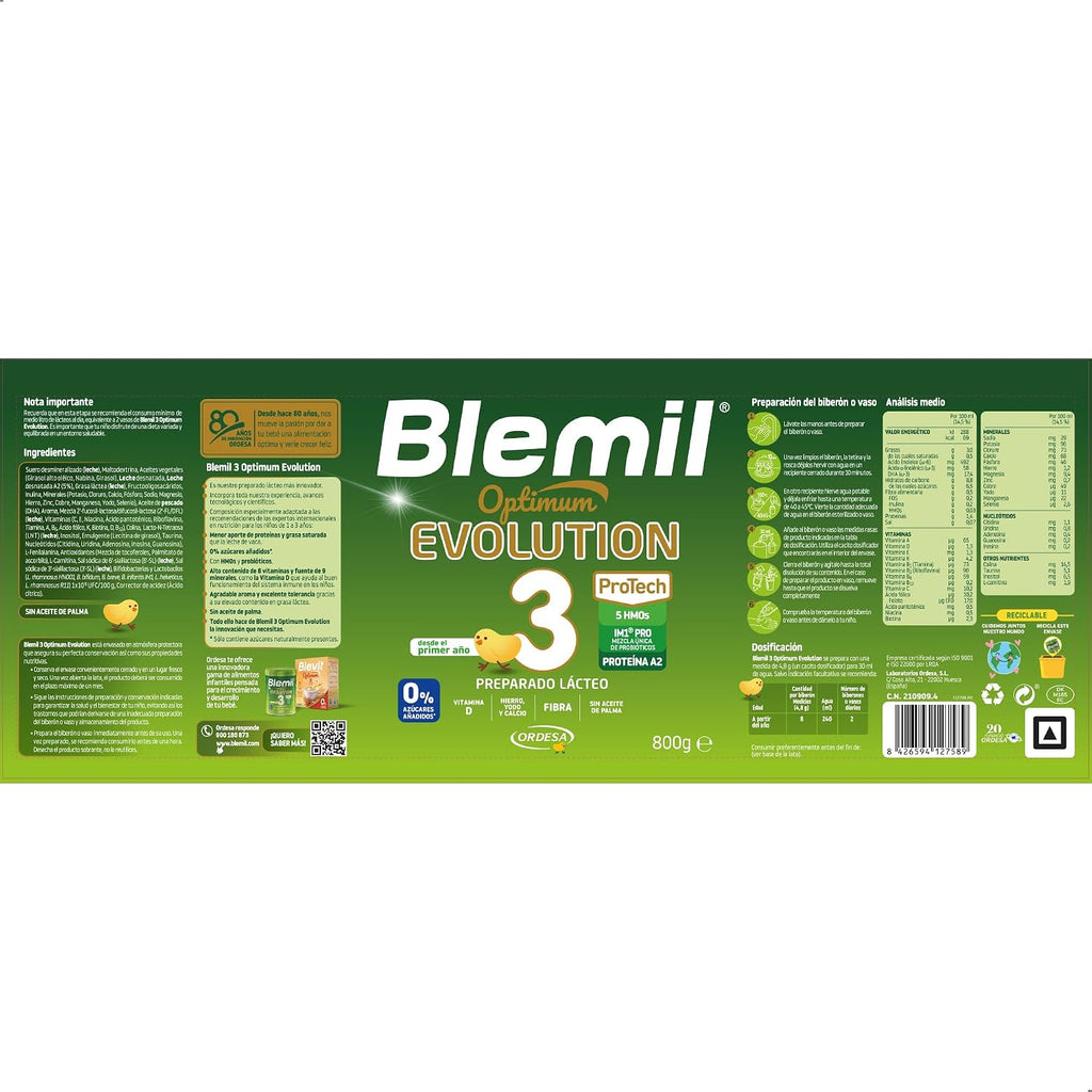 Blemil 3 Optimum Evolution | 800G | Preparado Lácteo En Polvo Para Niños De 1 a 3 Años - 0% Azúcares Añadidos, Sin Aceite De Palma