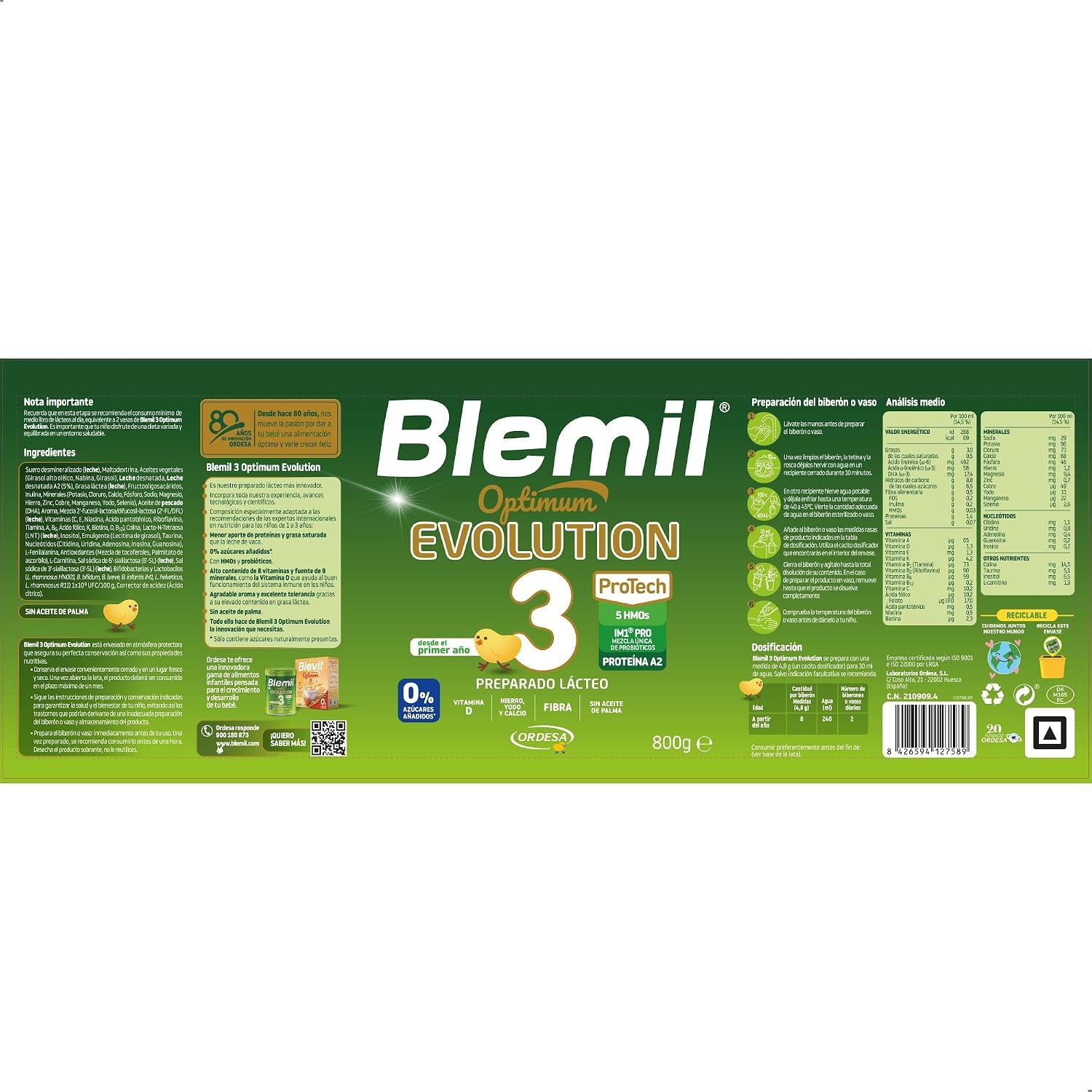 Blemil 3 Optimum Evolution | 800G | Preparado Lácteo En Polvo Para Niños De 1 a 3 Años - 0% Azúcares Añadidos, Sin Aceite De Palma