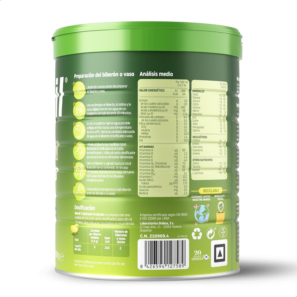 Blemil 3 Optimum Evolution | 800G | Preparado Lácteo En Polvo Para Niños De 1 a 3 Años - 0% Azúcares Añadidos, Sin Aceite De Palma