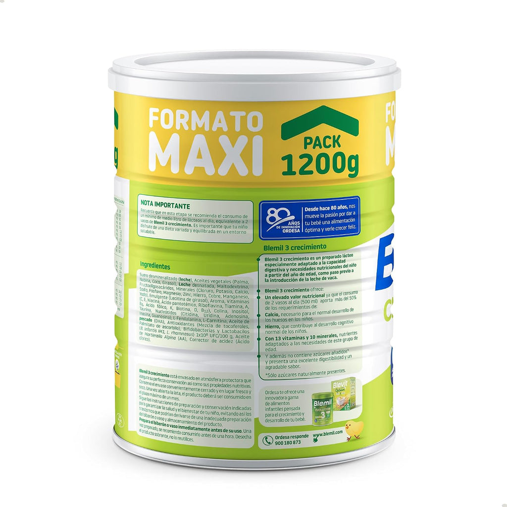Blemil 3 Crecimiento 0% Azúcares Añadidos | 1200G | Preparado Lácteo En Polvo Para Niños De 1 a 3 Años - Formato Ahorro | Preparado En Polvo, Para Niños De 1 a 3 Años, Formato Ahorro