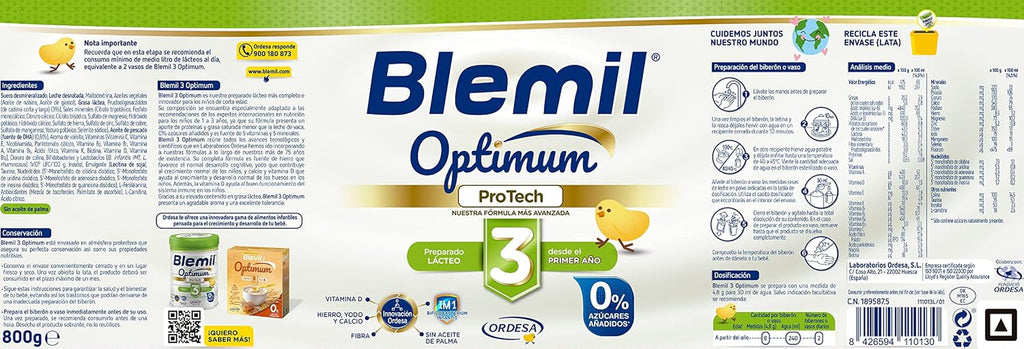 Blemil 3 Optimum Protech 0% Azúcares Añadidos - Preparado Lácteo En Polvo, Desde Los 12 Meses, 800 G