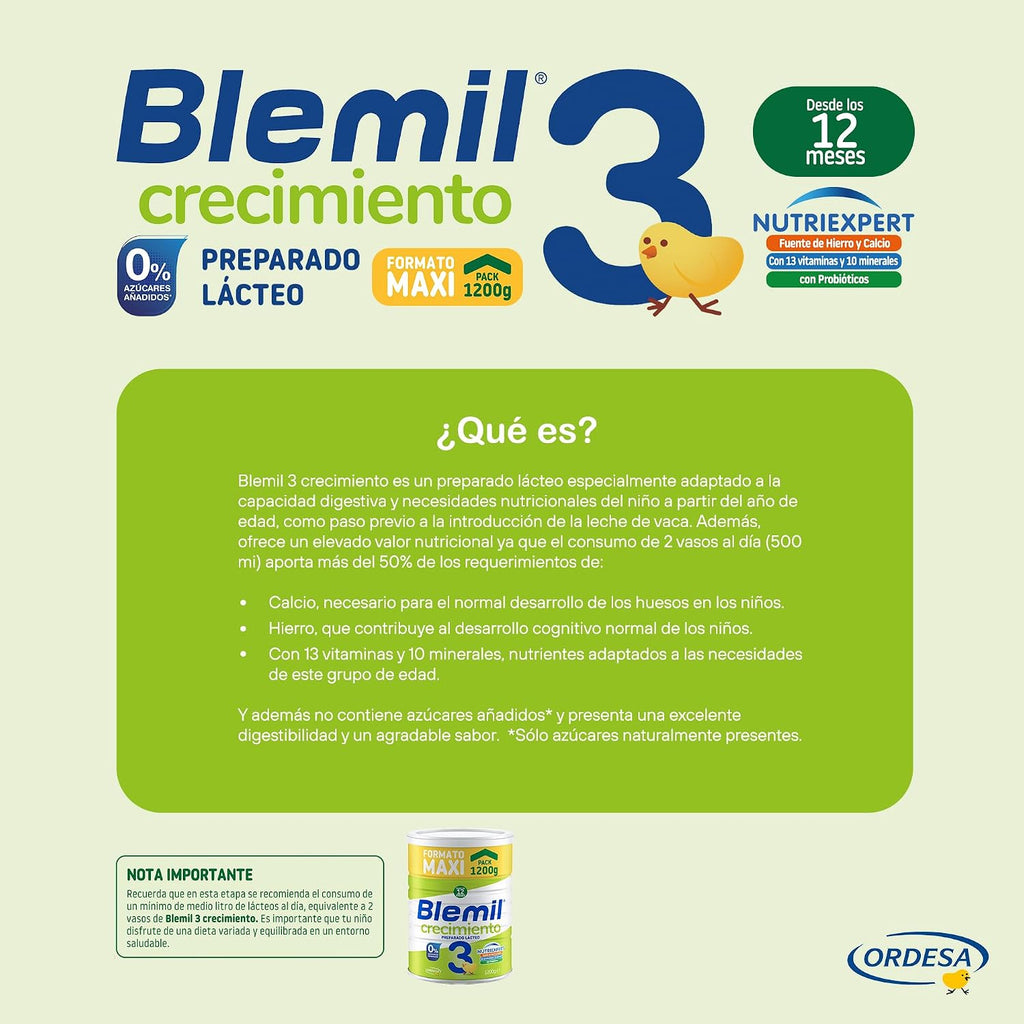 Blemil 3 Crecimiento 0% Azúcares Añadidos | 1200G | Preparado Lácteo En Polvo Para Niños De 1 a 3 Años - Formato Ahorro | Preparado En Polvo, Para Niños De 1 a 3 Años, Formato Ahorro