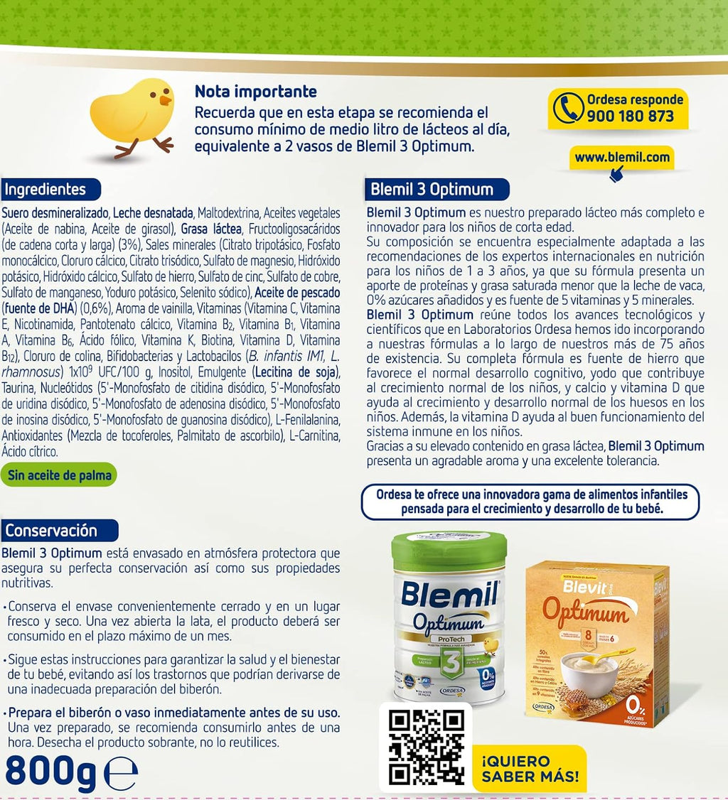 Blemil 3 Optimum Protech 0% Azúcares Añadidos - Preparado Lácteo En Polvo, Desde Los 12 Meses, 800 G