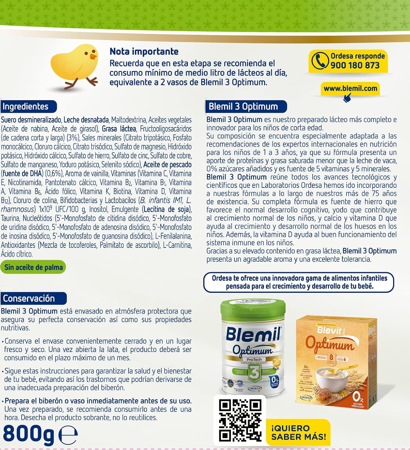 Blemil 3 Optimum Protech 0% Azúcares Añadidos - Preparado Lácteo En Polvo, Desde Los 12 Meses, 800 G