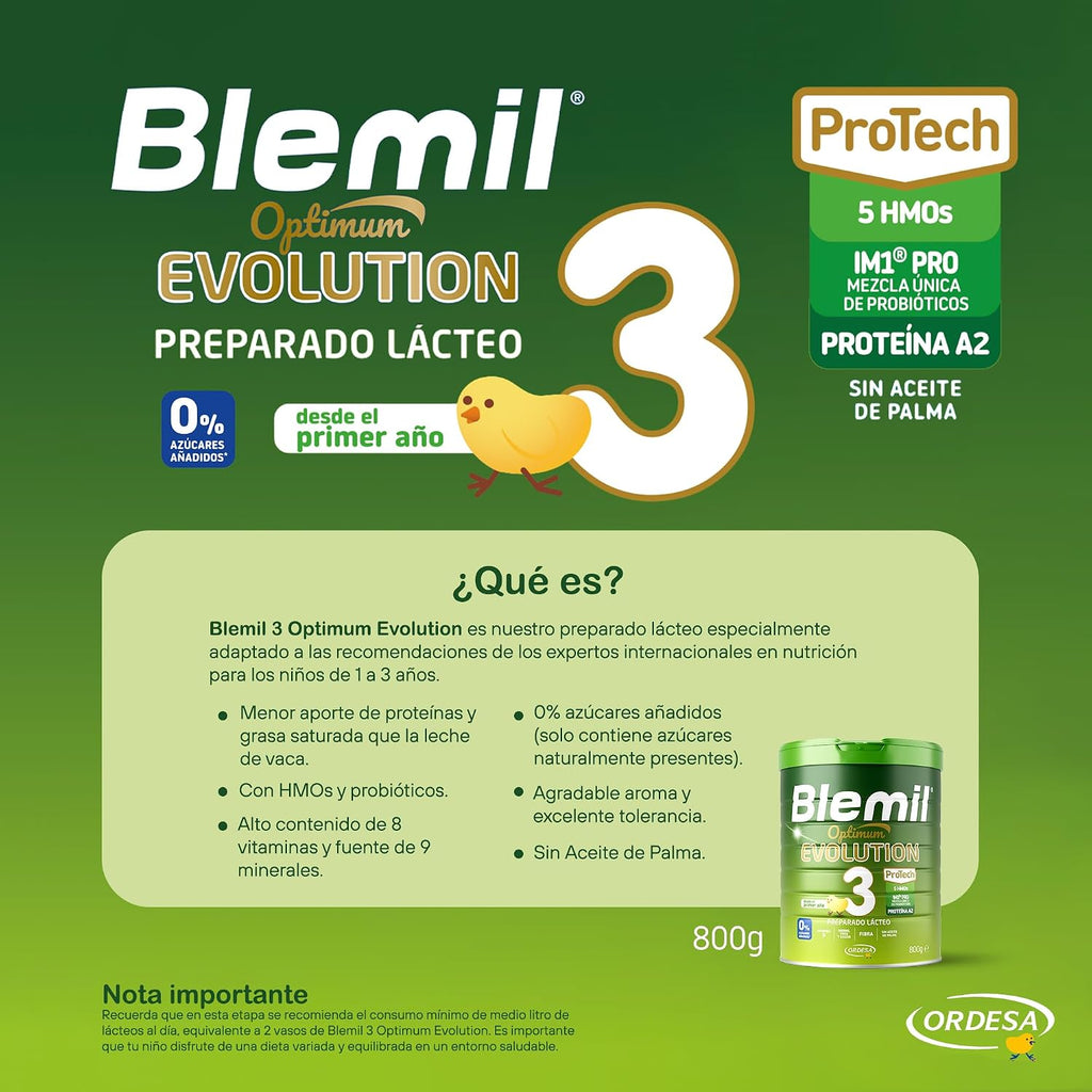 Blemil 3 Optimum Evolution | 800G | Preparado Lácteo En Polvo Para Niños De 1 a 3 Años - 0% Azúcares Añadidos, Sin Aceite De Palma