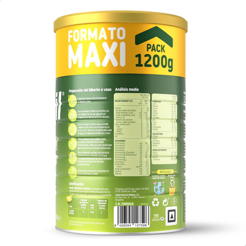Blemil 3 Optimum Evolution | 1200G | Preparado Lácteo En Polvo Para Niños De 1 a 3 Años - 0% Azúcares Añadidos, Sin Aceite De Palma - Formato Ahorro (Paquete De 2)