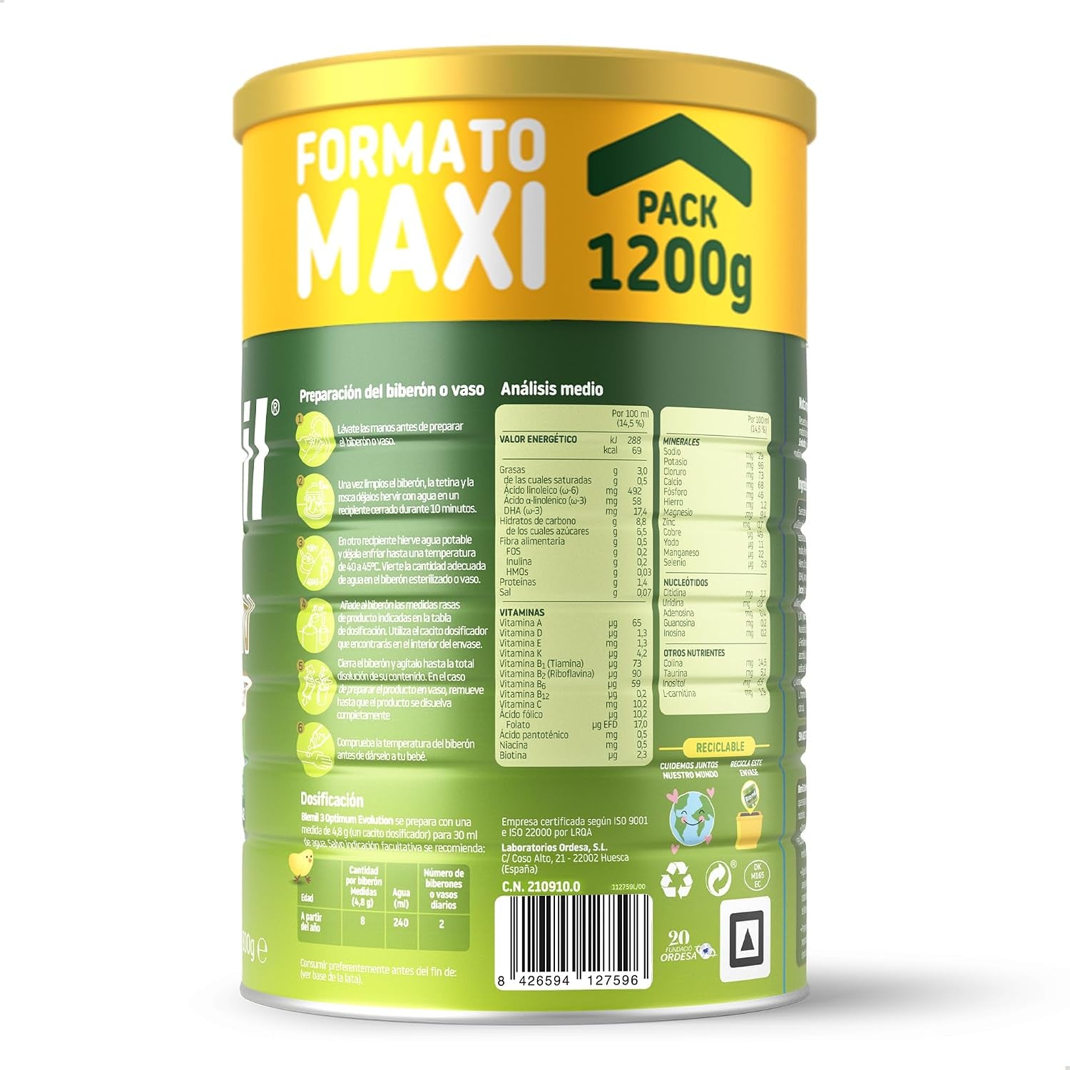 Blemil 3 Optimum Evolution | 1200G | Preparado Lácteo En Polvo Para Niños De 1 a 3 Años - 0% Azúcares Añadidos, Sin Aceite De Palma - Formato Ahorro
